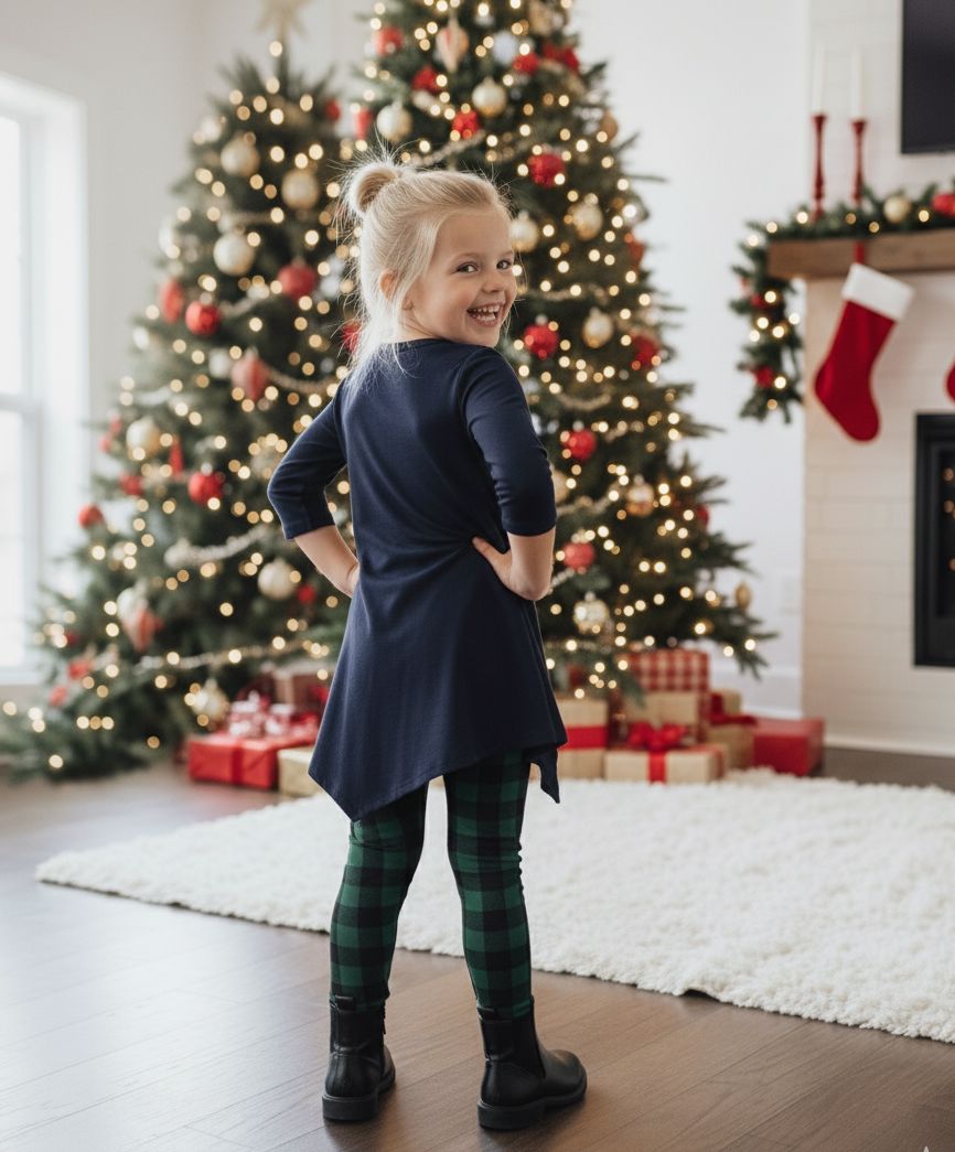 Girls Christmas Green Plaid Leggings - High Waisted - Buttery Soft - Green/Blue Leggings MomMe and More 