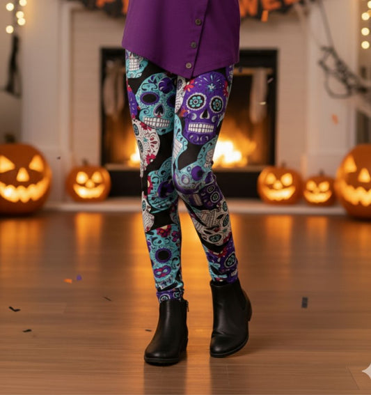 Girls Halloween Skull Leggings - High Waisted - Buttery Soft - Purple/Blue Leggings MomMe and More S Purple 