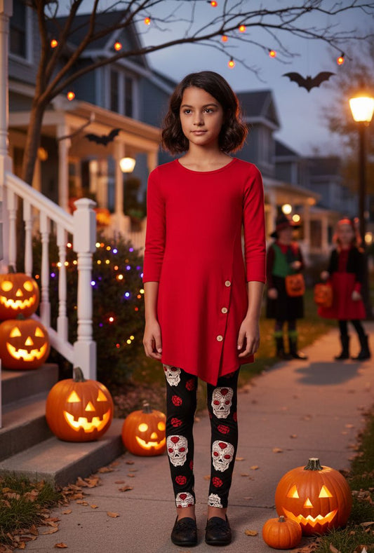 Girls Skull Halloween Leggings - High Waisted - Buttery Soft - Black/Red Leggings MomMe and More S Black 