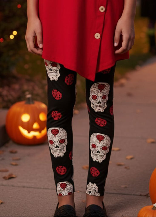 Girls Skull Halloween Leggings - High Waisted - Buttery Soft - Black/Red Leggings MomMe and More S Black 
