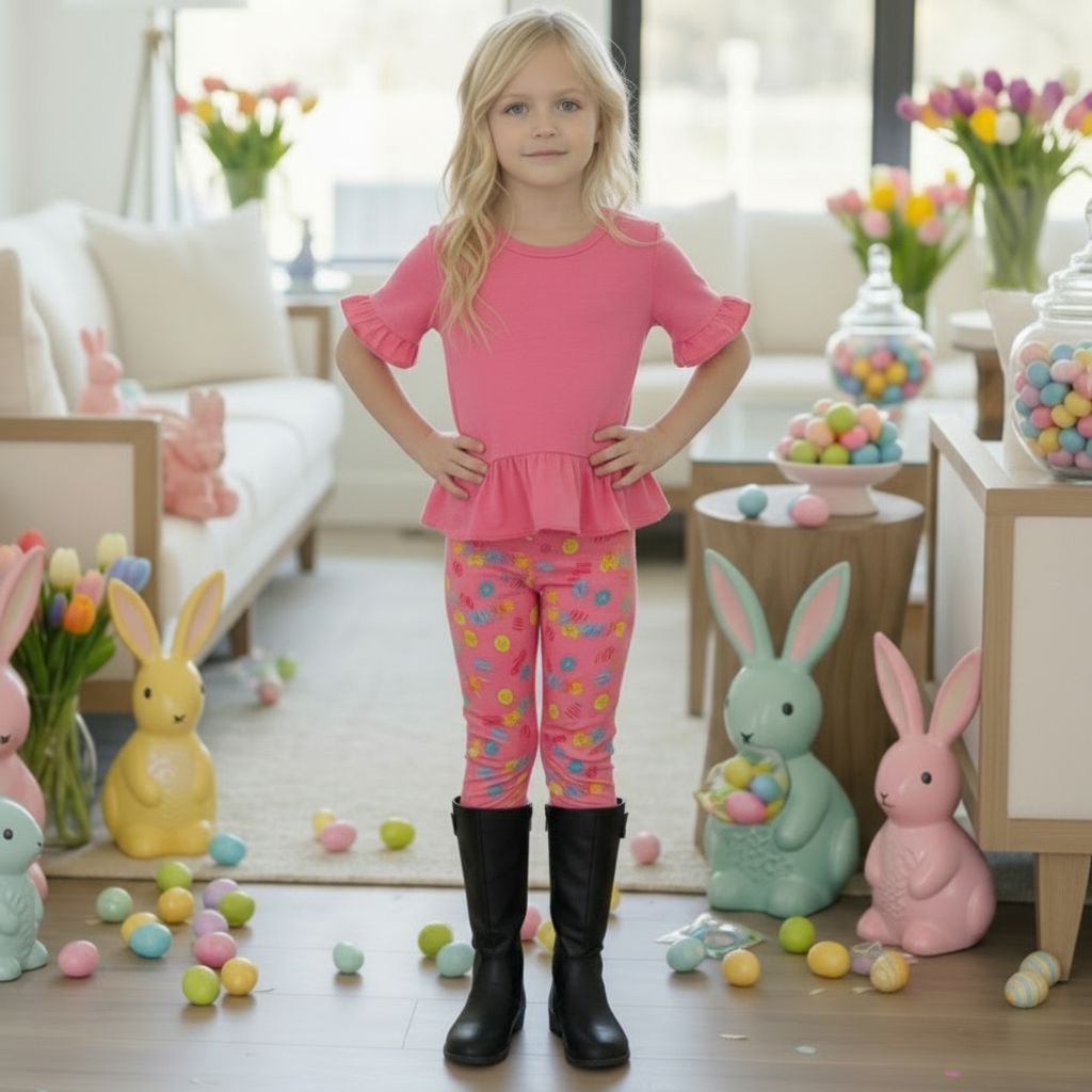 Girls Easter Leggings - High Waisted - Buttery Soft - Pink Leggings MomMe and More 