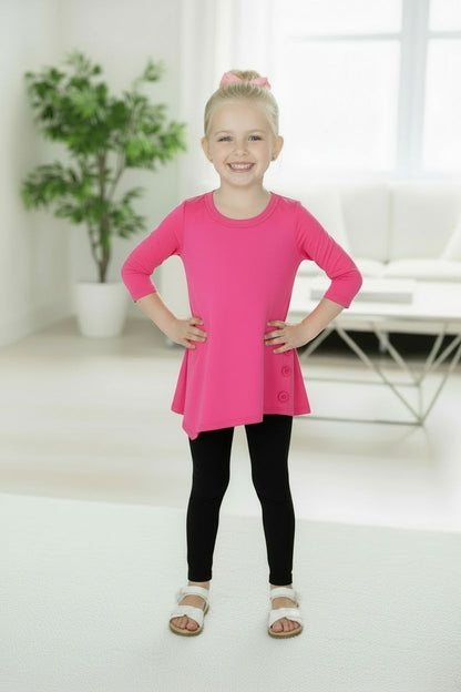 Girls Pink High-Low Dress – 3/4 Sleeve – Soft Stretch – Button Detail – Asymmetric Long Tunic Top - Fuchsia dress MomMe and More 6 Pink 