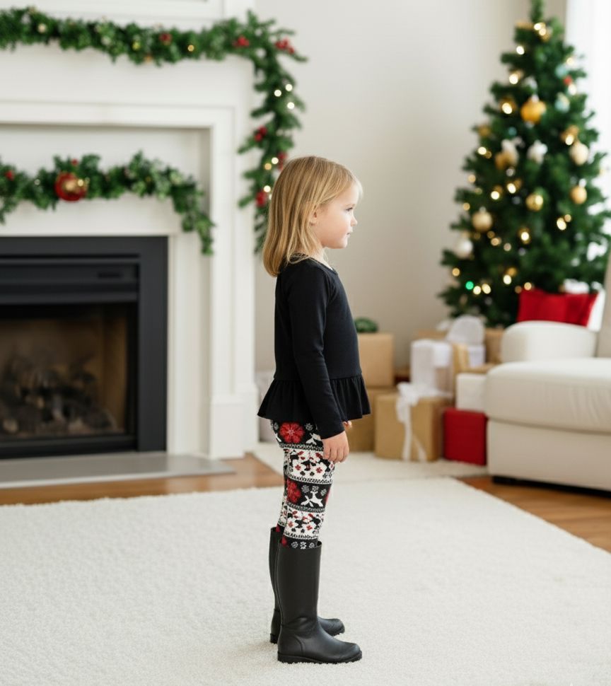Girls Christmas Leggings - Reindeer & Snowflakes - High Waisted - Buttery Soft Yoga Pants - Black/White Leggings MomMe and More 