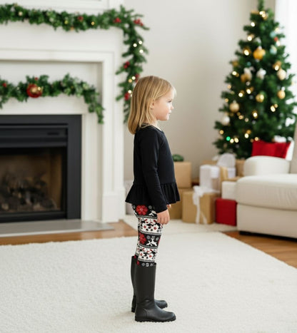 Girls Christmas Leggings - Reindeer & Snowflakes - High Waisted - Buttery Soft Yoga Pants - Black/White Leggings MomMe and More 