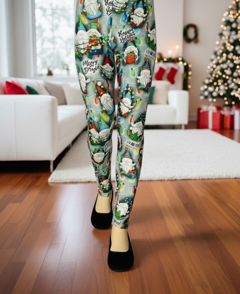Girls Christmas Gnome Leggings - High Waisted - Buttery Soft - HO HO HO Holiday Lights - Green/Red Leggings MomMe and More S Green Yoga Waist