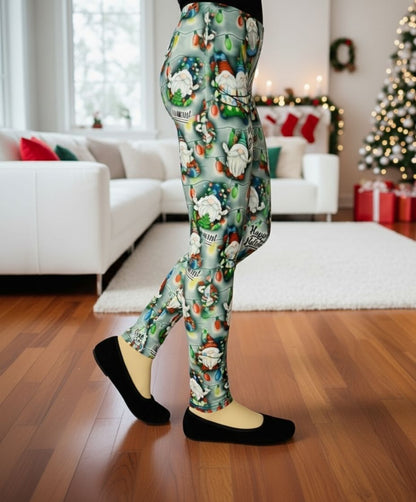 Girls Christmas Gnome Leggings - High Waisted - Buttery Soft - HO HO HO Holiday Lights - Green/Red Leggings MomMe and More 