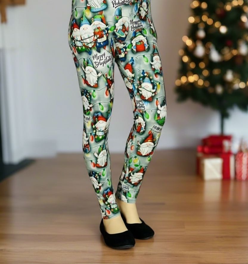 Girls Christmas Gnome Leggings - High Waisted - Buttery Soft - HO HO HO Holiday Lights - Green/Red Leggings MomMe and More S Green Yoga Waist