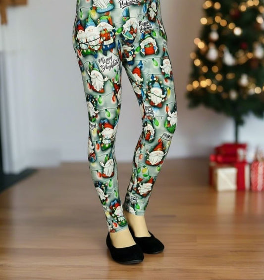Girls Christmas Gnome Leggings - High Waisted - Buttery Soft - HO HO HO Holiday Lights - Green/Red Leggings MomMe and More S Green Yoga Waist