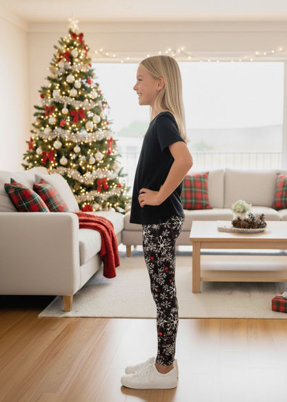Girls Christmas Snowflake Leggings - High Waisted - Buttery Soft - Yoga Pants for Kids - Black/White Leggings MomMe and More 