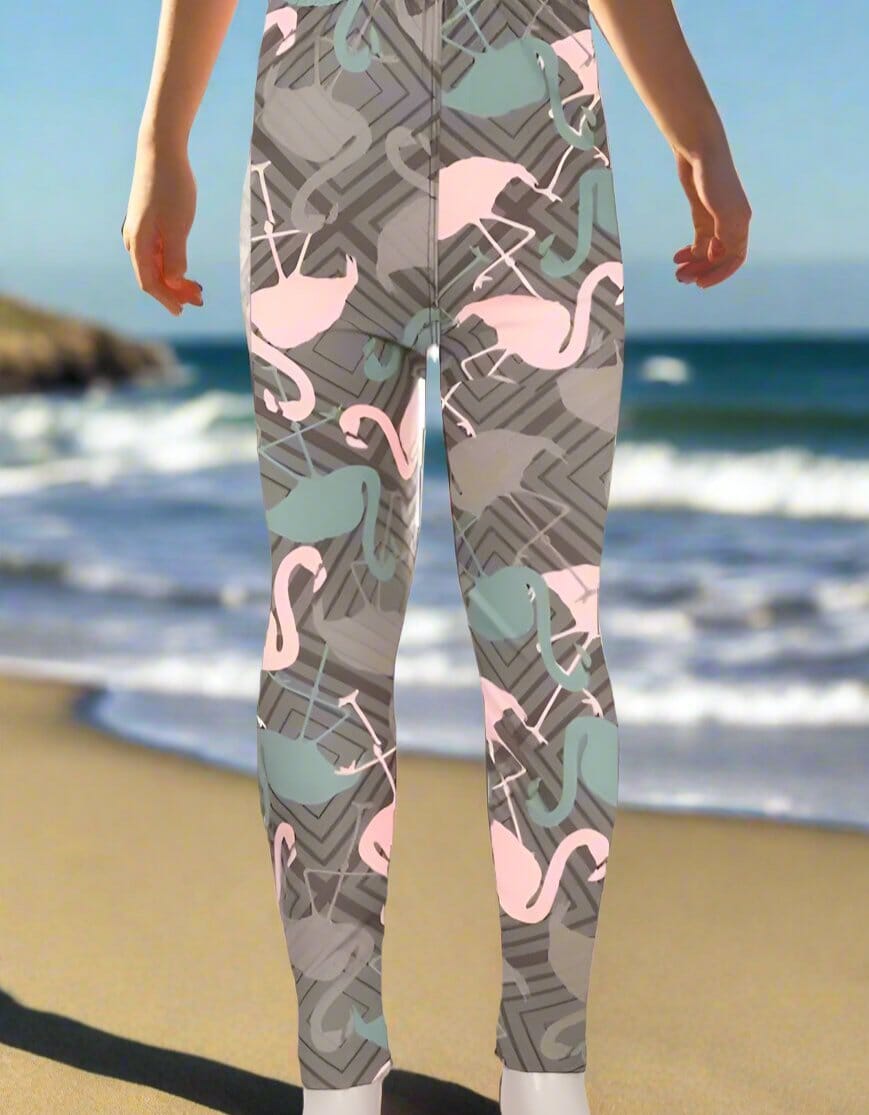 Girls Pink Flamingo Leggings, Kids Yoga Pants, Sizes S/L, No-Roll Waist, Pink/Gray Leggings MomMe and More S Pink 