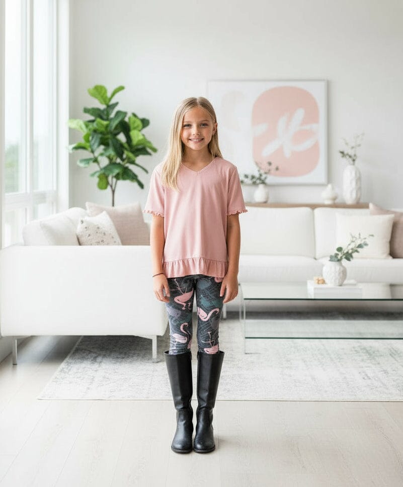 Girls Pink Flamingo Leggings - High Waisted - Buttery Soft Yoga Pants for Kids - Gray/Pink Leggings MomMe and More 