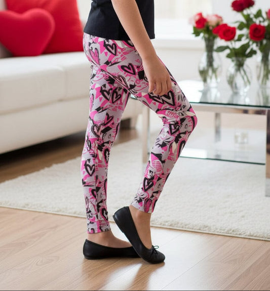 Girls Valentines Day Leggings - High Waisted - Buttery Soft - Gray/Pink - Heart Leggings for Kids Leggings MomMe and More S Pink 