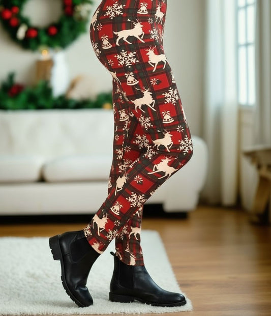 Girls Plaid Christmas Leggings - High Waisted - Buttery Soft - Red/White Leggings MomMe and More 3T Red 