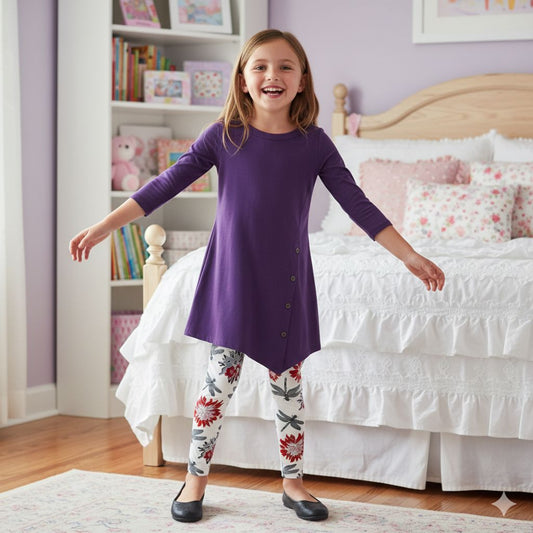 Girls Dress – 3/4 Sleeve – Soft Stretch – Side Button Detail – Asymmetric Hem – Purple dress MomMe and More 