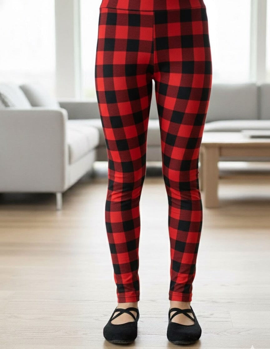 Girls Red Plaid Christmas Leggings - High Waisted - Buttery Soft Yoga Pants - Red/Black Leggings MomMe and More 