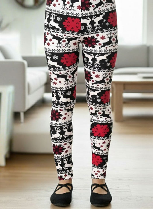 Girls Christmas Leggings - Reindeer & Snowflakes - High Waisted - Buttery Soft Yoga Pants - Black/White Leggings MomMe and More S Black/Red 