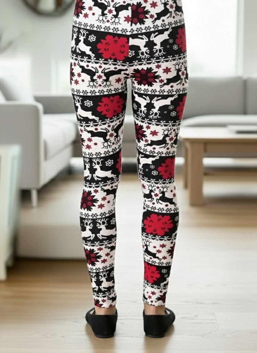 Girls Christmas Leggings - Reindeer & Snowflakes - High Waisted - Buttery Soft Yoga Pants - Black/White Leggings MomMe and More 