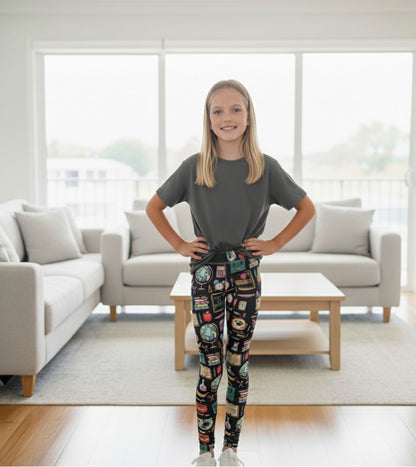 Girls School Theme Leggings - High Waisted - Buttery Soft - Yoga Pants For Kids - Gray/Multi Leggings MomMe and More 