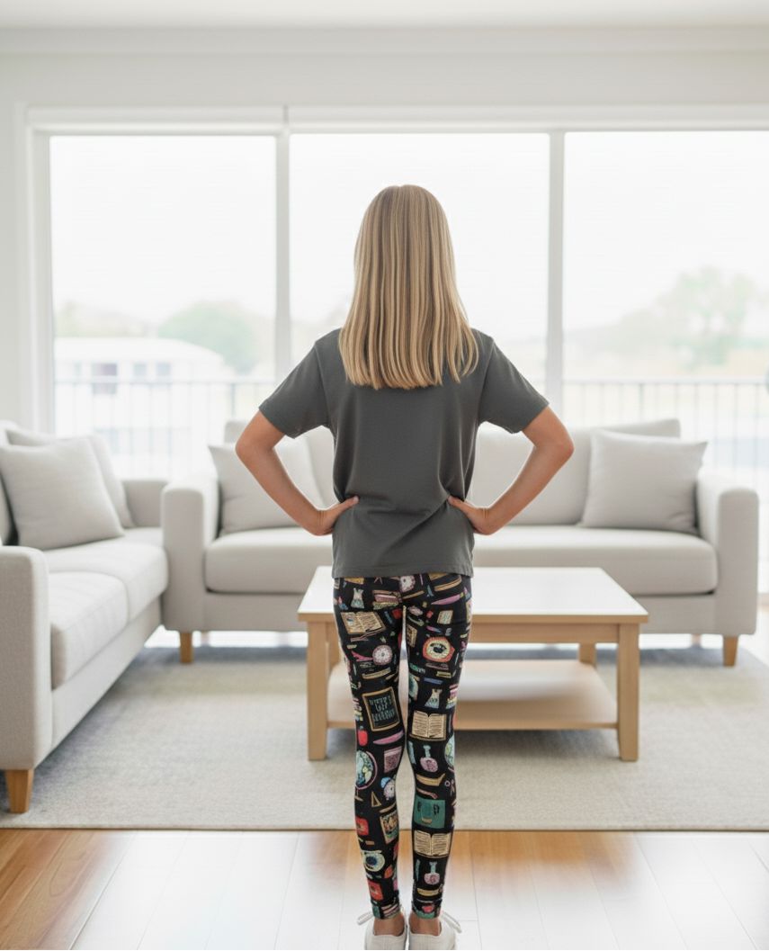 Girls School Theme Leggings - High Waisted - Buttery Soft - Yoga Pants For Kids - Gray/Multi Leggings MomMe and More 