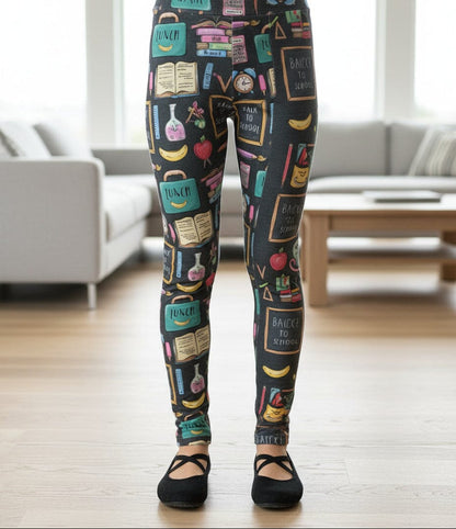 Girls School Theme Leggings - High Waisted - Buttery Soft - Yoga Pants For Kids - Gray/Multi Leggings MomMe and More S Black Yoga Waist