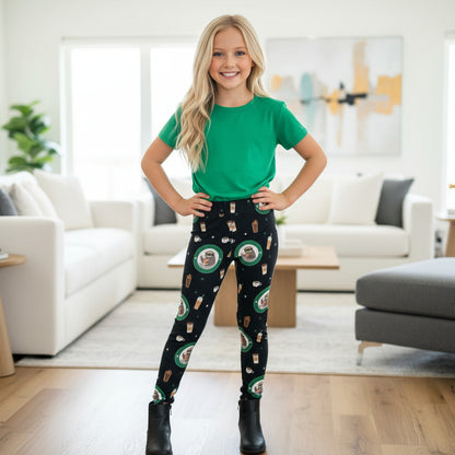 Girls Sloth Coffee Donut Leggings Kids Yoga Pants Sizes S/L Black/Green Leggings MomMe and More 