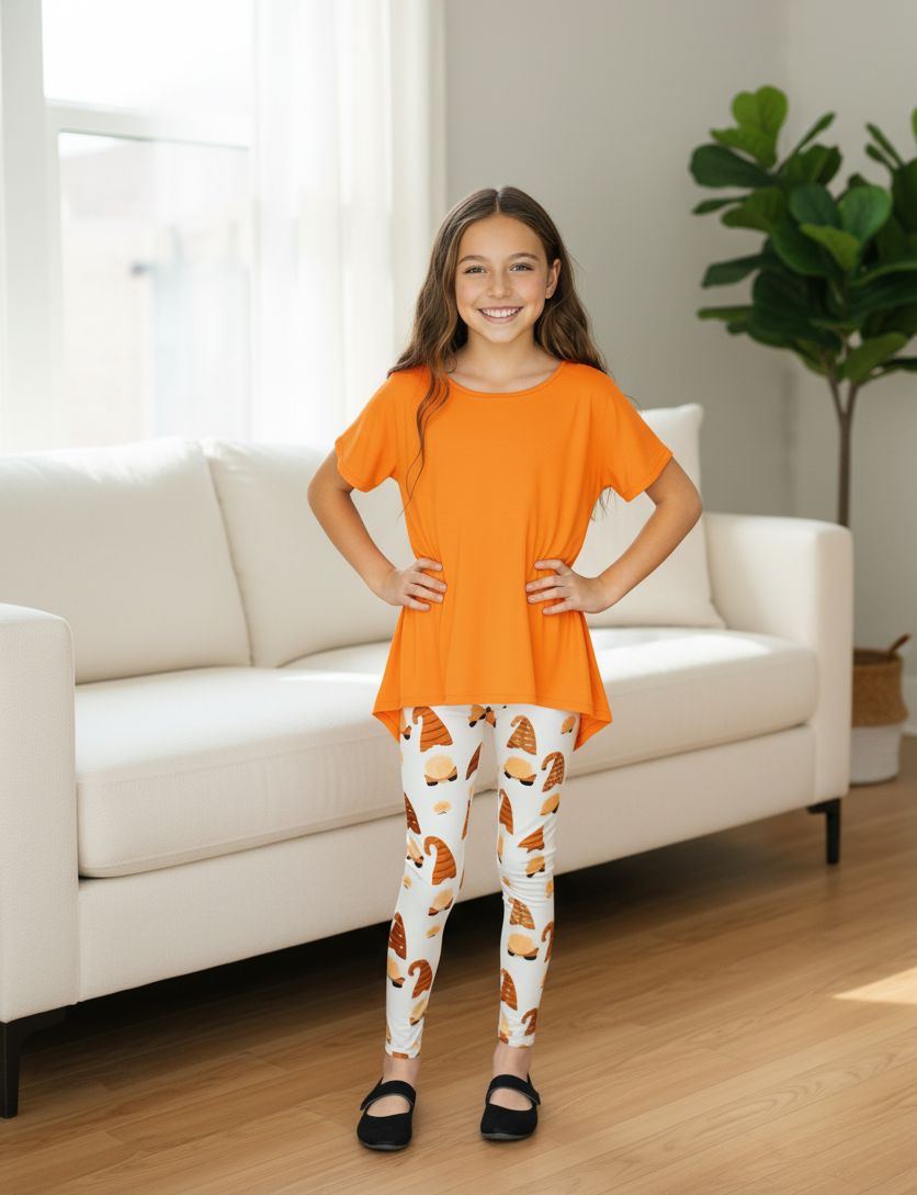 Girls Thanksgiving Gnome Leggings - High Waisted - Buttery Soft Yoga Pants - Gray/Orange Leggings MomMe and More 