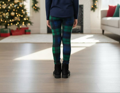 Girls Christmas Green Plaid Leggings - High Waisted - Buttery Soft Yoga Pants - Green/Blue Leggings MomMe and More 