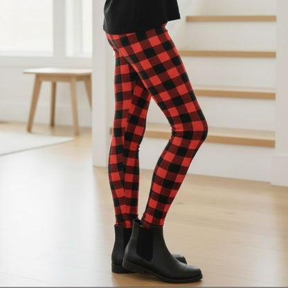 Girls Red Plaid Christmas Leggings - High Waisted - Buttery Soft Yoga Pants - Red/Black Leggings MomMe and More 