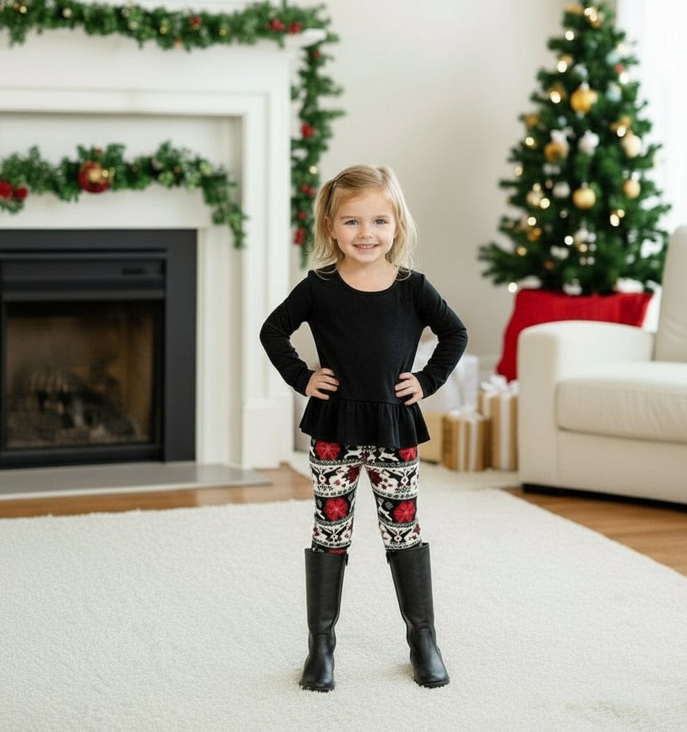 Girls Christmas Leggings - Reindeer & Snowflakes - High Waisted - Buttery Soft Yoga Pants - Black/White Leggings MomMe and More 