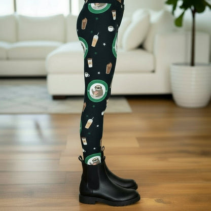 Girls Sloth Coffee Leggings - High Waisted - Buttery Soft - Black/Green Leggings MomMe and More 