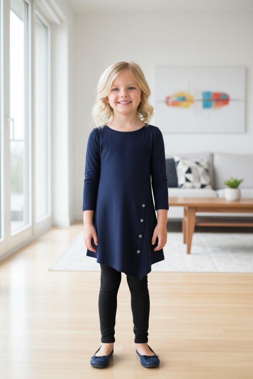 Girls Navy Blue Dress - Long Tunic Top - Side Buttons - Asymmetric Hem - Soft and Stretchy dress MomMe and More 