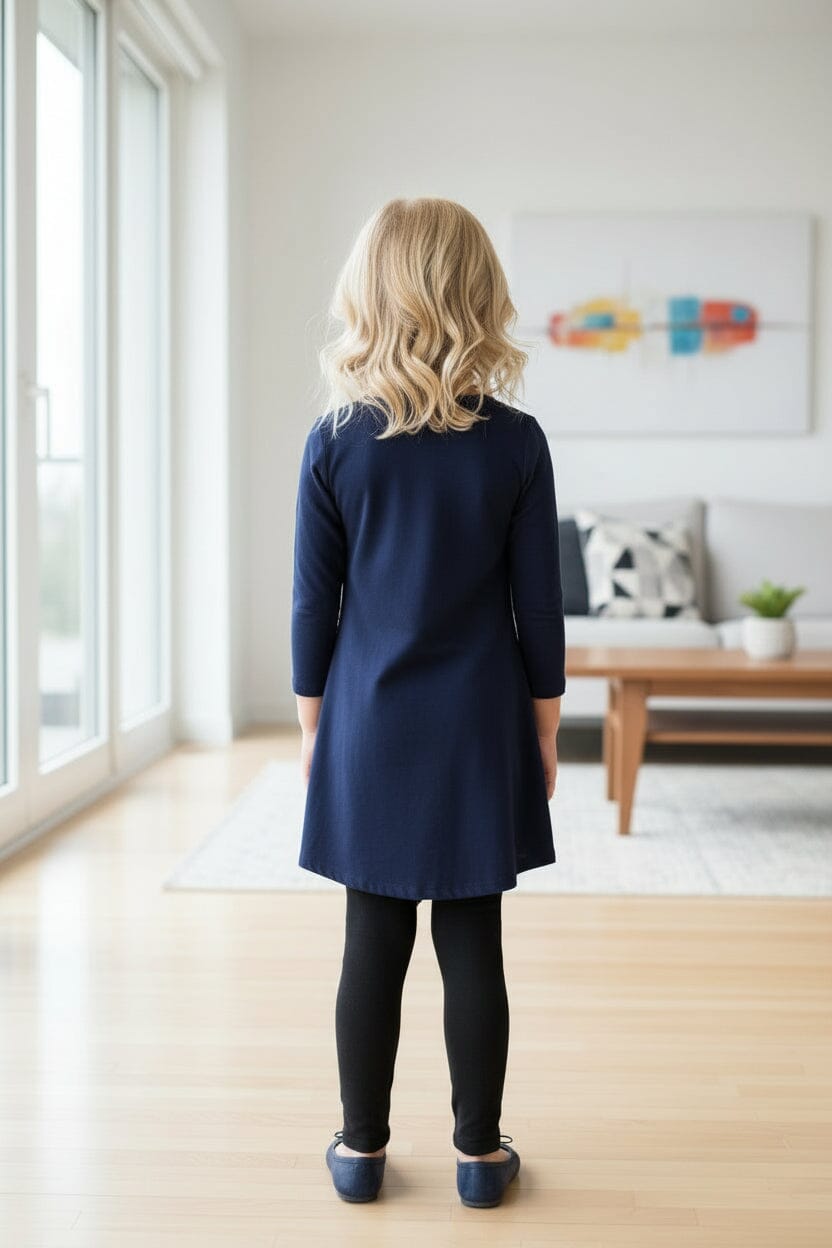 Girls Navy Blue Dress - Long Tunic Top - Side Buttons - Asymmetric Hem - Soft and Stretchy dress MomMe and More 