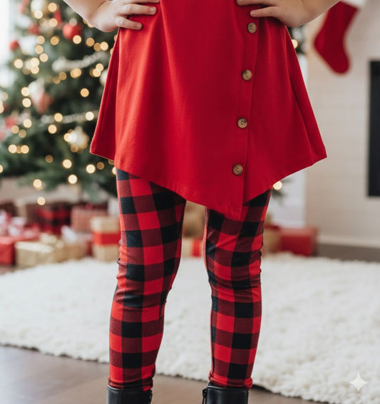 Girls Red Plaid Christmas Leggings - High Waisted - Buttery Soft - Red/Black Leggings MomMe and More 