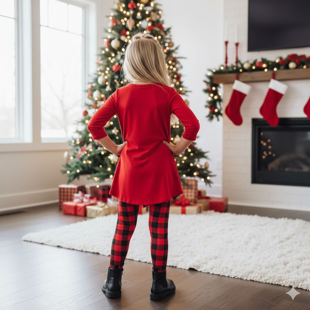 Girls Red Plaid Christmas Leggings - High Waisted - Buttery Soft - Red/Black Leggings MomMe and More 