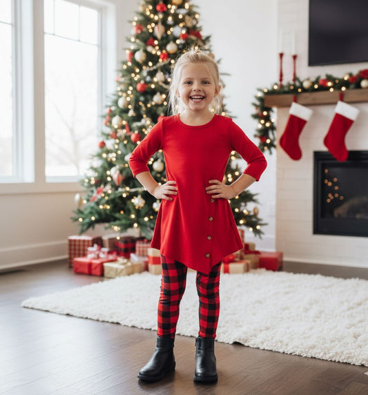 Girls Red Plaid Christmas Leggings - High Waisted - Buttery Soft - Red/Black Leggings MomMe and More S Red 