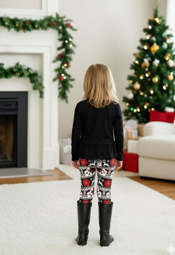 Girls Christmas Leggings - Reindeer & Snowflakes - High Waisted - Buttery Soft Yoga Pants - Black/White Leggings MomMe and More 