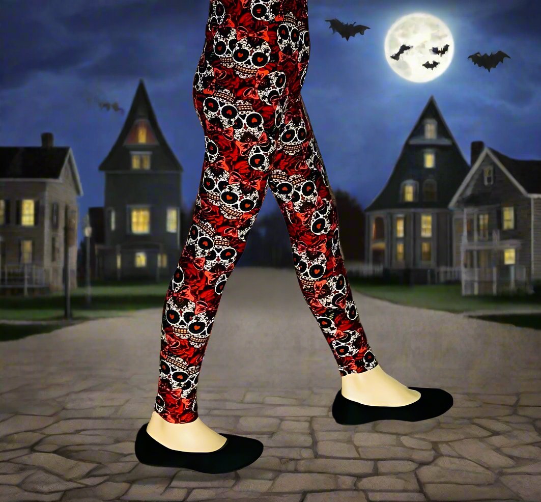 Girls Leggings | Red Rose Skull Leggings | Kids Yoga Pants | Footless Tights | No-Roll Waistband Leggings MomMe and More 