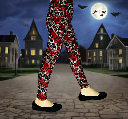 Girls Leggings | Red Rose Skull Leggings | Kids Yoga Pants | Footless Tights | No-Roll Waistband Leggings MomMe and More 