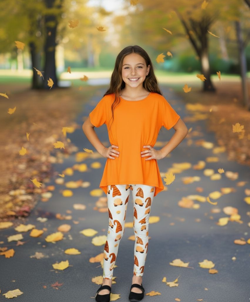 Girls Fall Gnome Leggings - High Waisted - Buttery Soft - Gray/Orange Leggings MomMe and More 