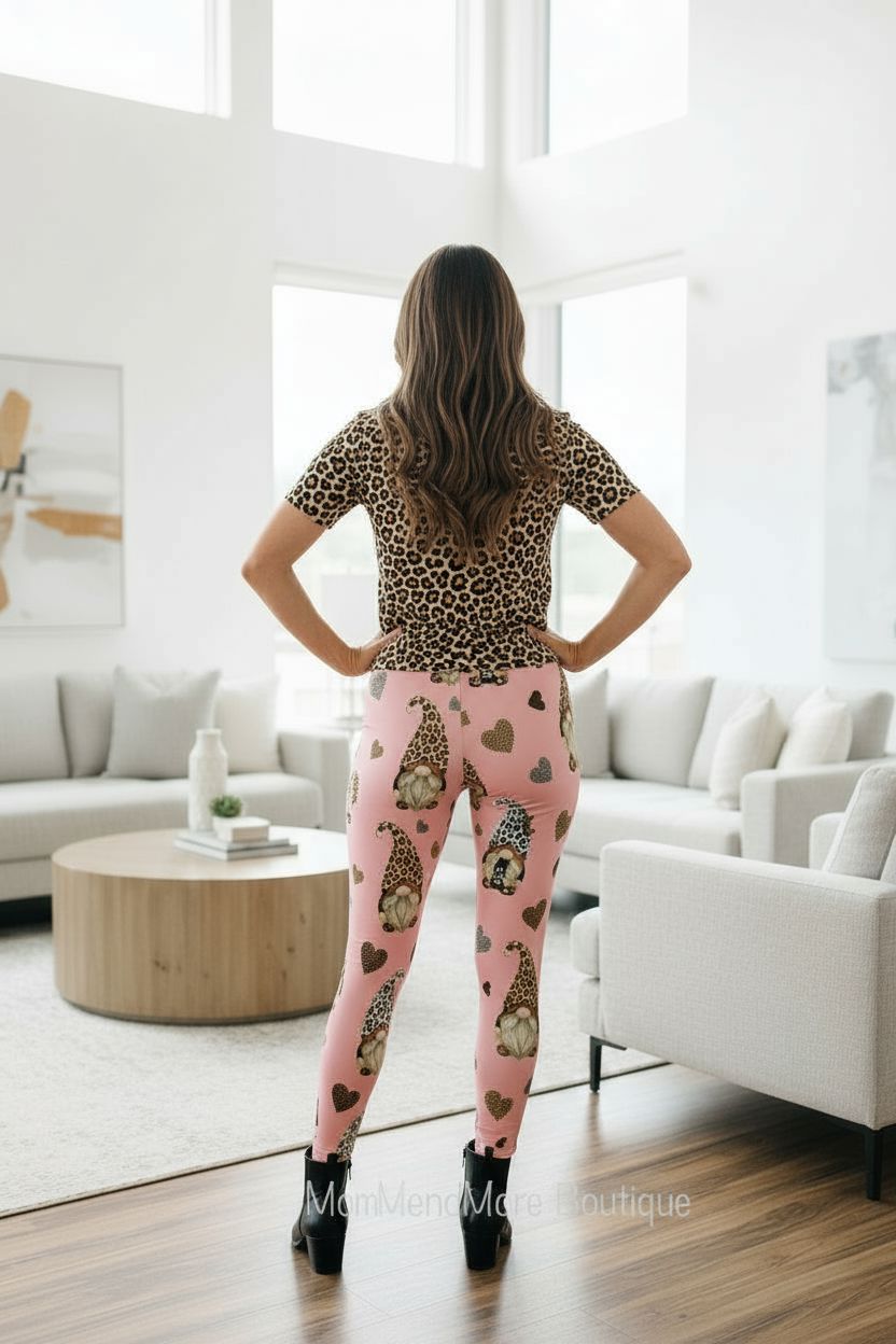 Womens Gnome Leggings - High Waisted - Buttery Soft - Pink/Brown Leggings MomMe and More 