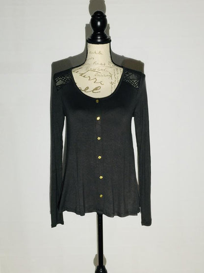 Womens Long Sleeve Gray Lace Trim Top, Faux Button Shirt Tops MomMe and More 