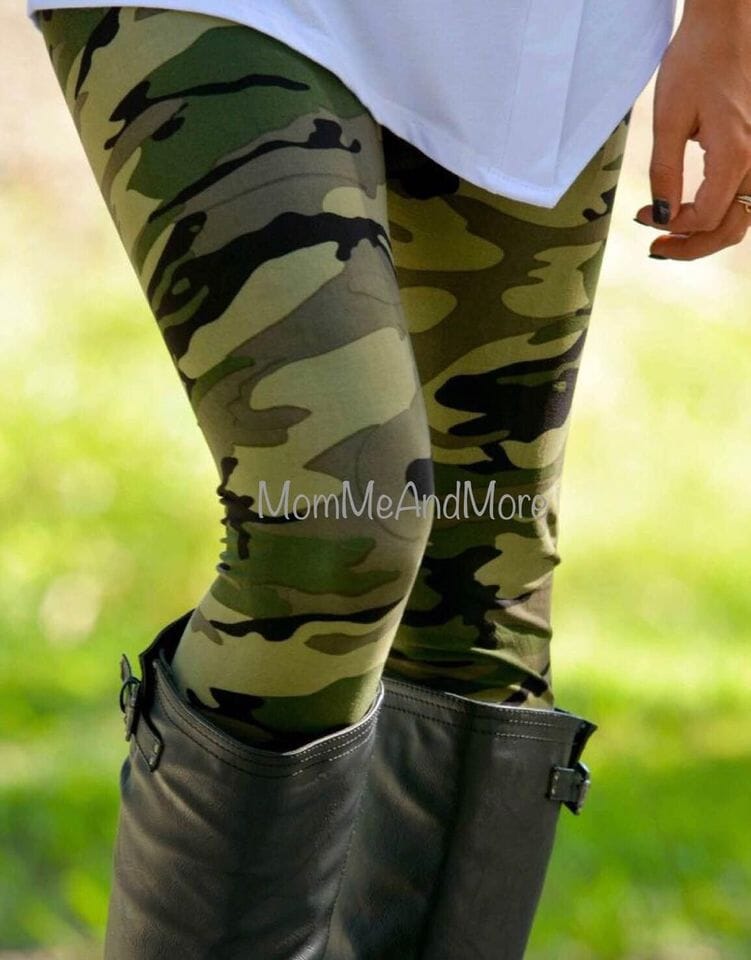 Womens Camo Leggings | Green Camouflage Leggings | Yoga Pants | Footless Tights | No-Roll Waistband Leggings MomMe and More 