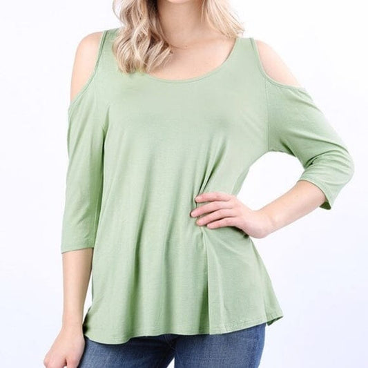 Womens Green Cold Shoulder Top | 3/4 Sleeve Open Shoulder Shirt | Summer Shirt Tops MomMe and More 