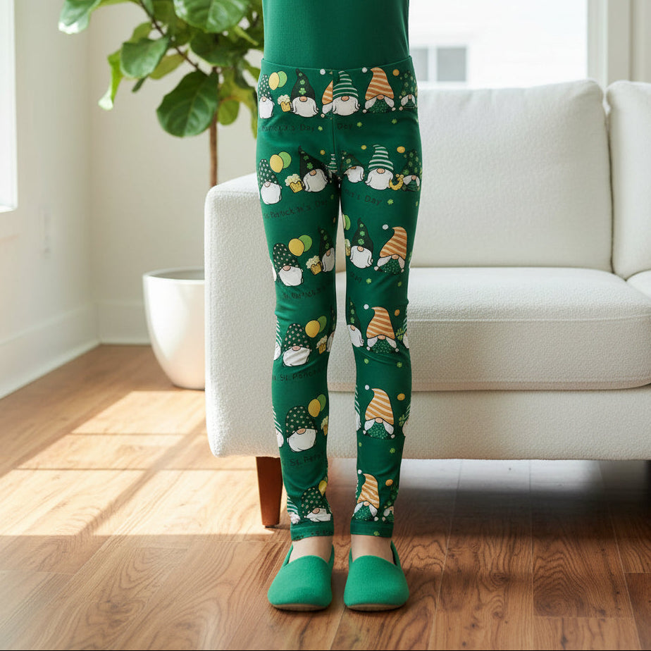 Girls Leggings | Exclusive St. Patrick Day Gnome Leggings | Yoga Pants | Footless Tights | Yoga Waistband Leggings MomMe and More 