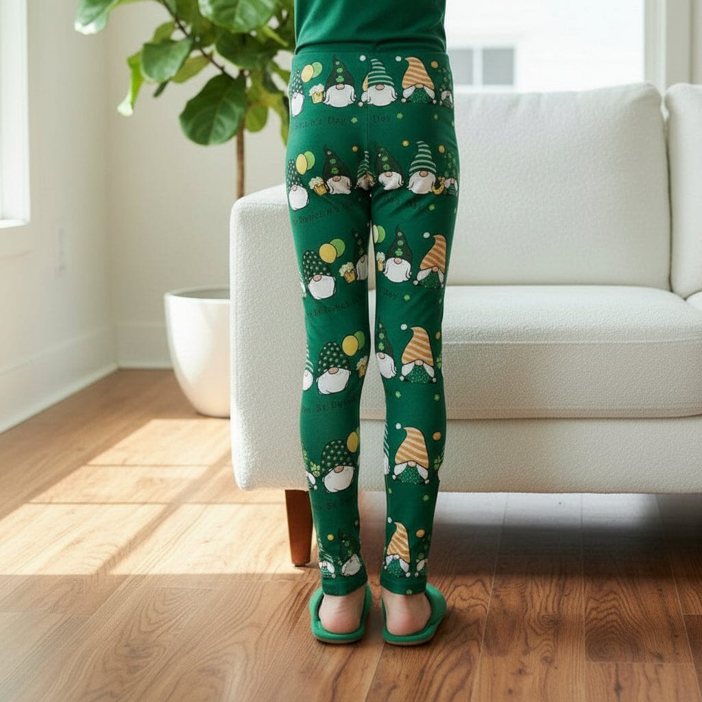 Girls St. Patrick's Day Gnome Leggings - High Waisted - Buttery Soft Yoga Pants for Kids - S/L Leggings MomMe and More 