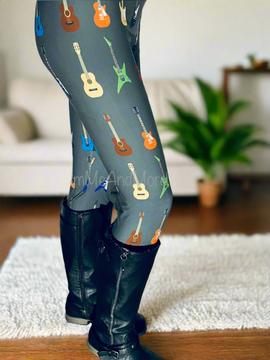 Womens Guitar Print Leggings Soft Yoga Pants Gray/Multi Sizes 0-22 Leggings MomMe and More 