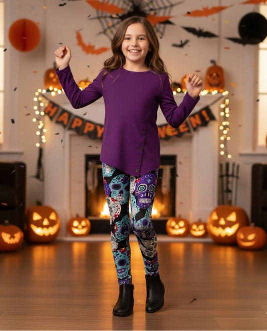 Girls Halloween Skull Leggings - High Waisted - Buttery Soft - Purple/Blue Leggings MomMe and More 