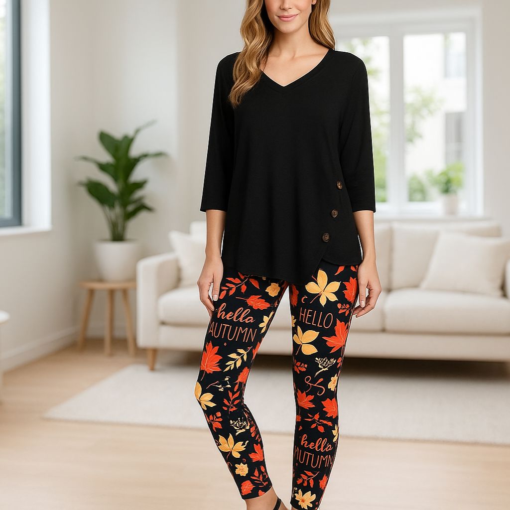 Womens Fall Leaf Leggings - High Waisted - Buttery Soft - Black/Orange Leggings MomMe and More 