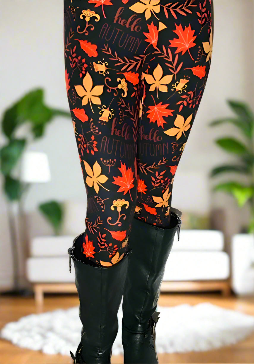 Hello Autumn Fall Leaf Leggings from MomMeAndMore