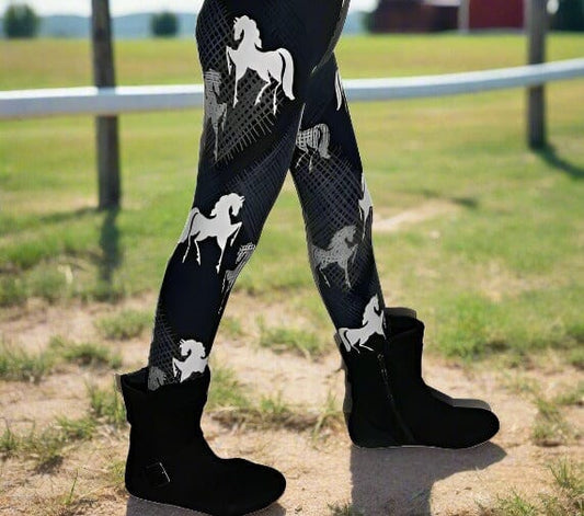 Girls Black Horse Leggings, Kids Yoga Pants, Sizes S/L, Black/White Leggings MomMe and More 